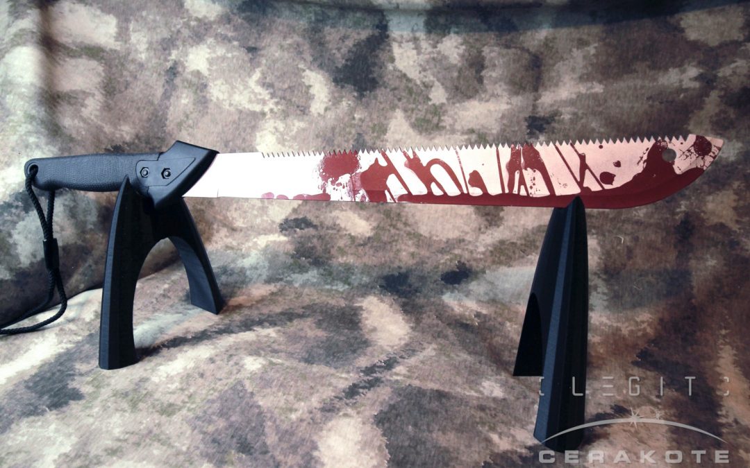 Gerber machete with blood-splatter Cerakote