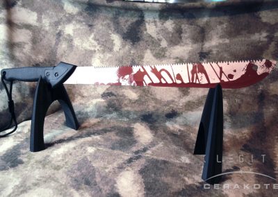 Gerber machete with blood-splatter Cerakote