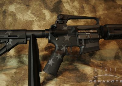 M4 Carbine with subdued black and gray tattered Betsy Ross flag themed custom Cerakote.