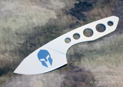White Gerber Dibs knife with blue Cerakote Spartan with Helmet